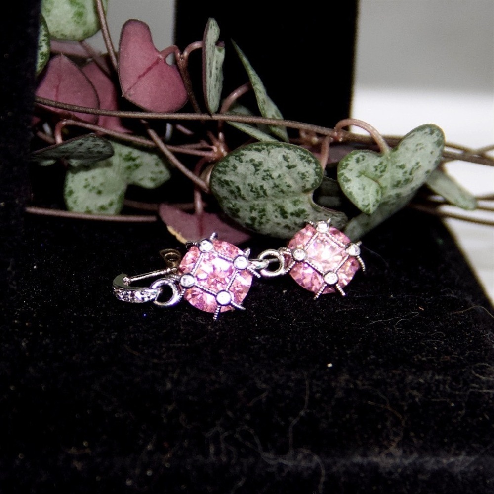 Pink Crystal Sterling Silver Drop Earrings Round Cut Cage Setting 925 Silver
